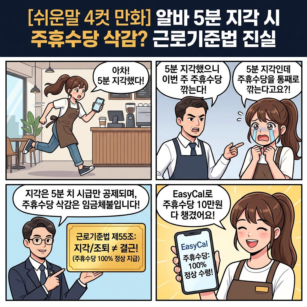 알바 5분 지각 주휴수당 삭감 근로기준법 4컷만화 요약 | 2026 법정 기준 실무 인포그래픽 카드